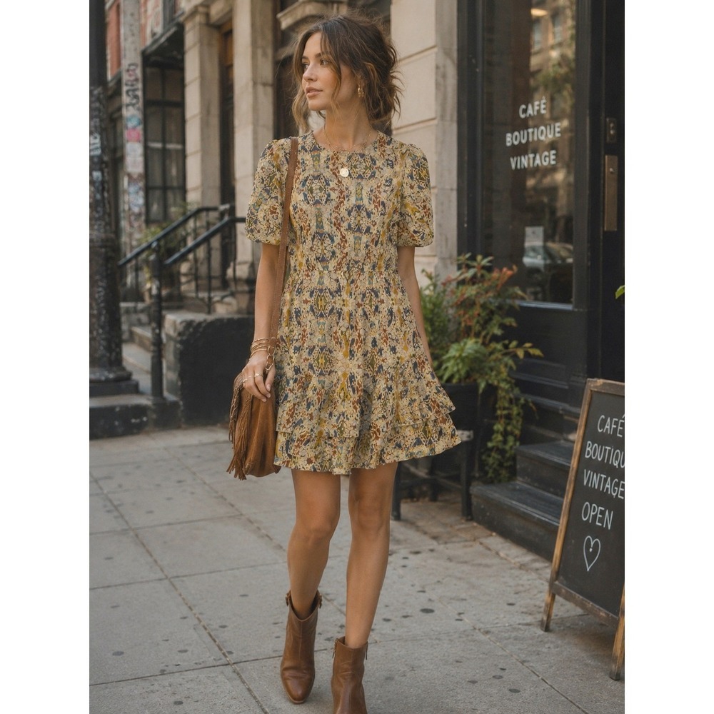 Stella & Julie Ikat Metallic Puff Sleeve Ruffle Mini Dress Gold Blue Size 14